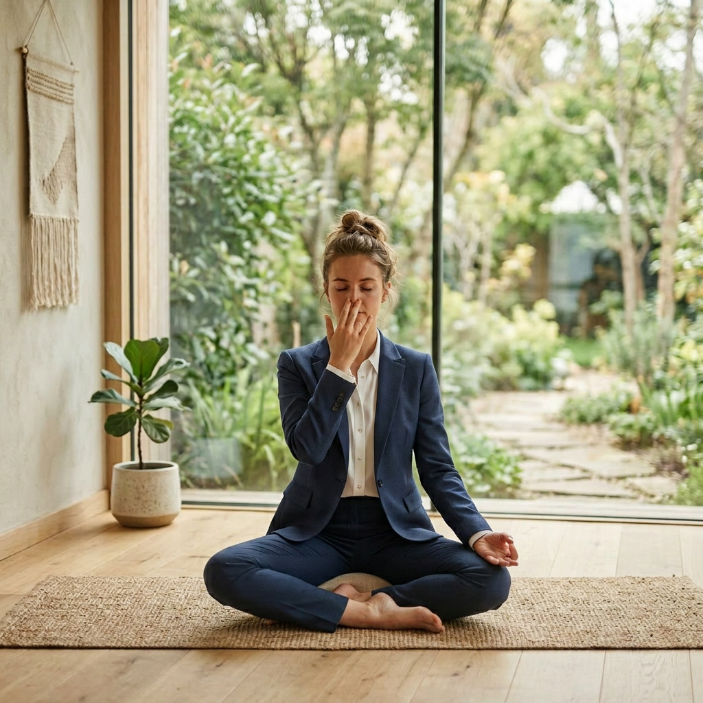 Woman sitting cross-legged on a mat, practicing breathing meditation with eyes closed
